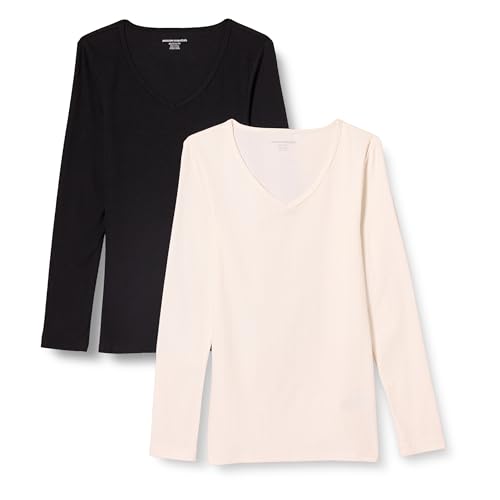 Amazon Essentials Damen Mehrlagige Slimt-Fit-Langarm-Strickhemden mit Rippstrick und V-Ausschnitt (In Übergröße Erhältlich), 2er-Pack, Eierschalenweiß/Schwarz, M von Amazon Essentials