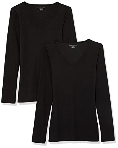 Amazon Essentials Damen Mehrlagige Slimt-Fit-Langarm-Strickhemden mit Rippstrick und V-Ausschnitt (In Übergröße Erhältlich), 2er-Pack, Schwarz, XL von Amazon Essentials