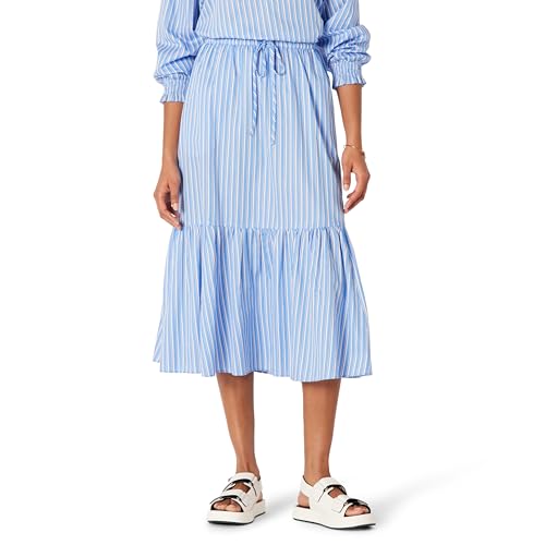 Amazon Essentials Damen Mid-Rise A-Linie Baumwollsatin Stufenförmiger Midi-Rock (Oberteil Separat Erhältlich), Blau Weiß Streifen, M von Amazon Essentials