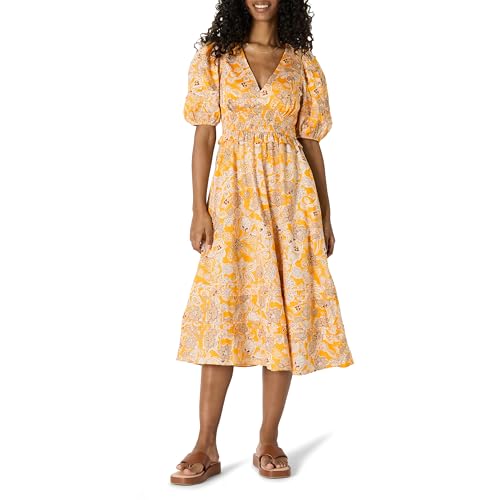 Amazon Essentials Damen Mittellanges Kleid Aus Baumwollsatin Mit Puffärmeln In Normaler Passform, Goldgelb Beige Mehrfarbig Folk-Blumenmuster, XXL von Amazon Essentials