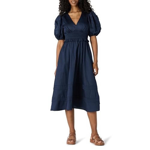 Amazon Essentials Damen Mittellanges Kleid Aus Baumwollsatin Mit Puffärmeln In Normaler Passform, Marineblau, XXL von Amazon Essentials