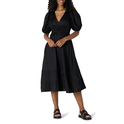 Amazon Essentials Damen Mittellanges Kleid Aus Baumwollsatin Mit Puffärmeln In Normaler Passform, Schwarz, XXL von Amazon Essentials