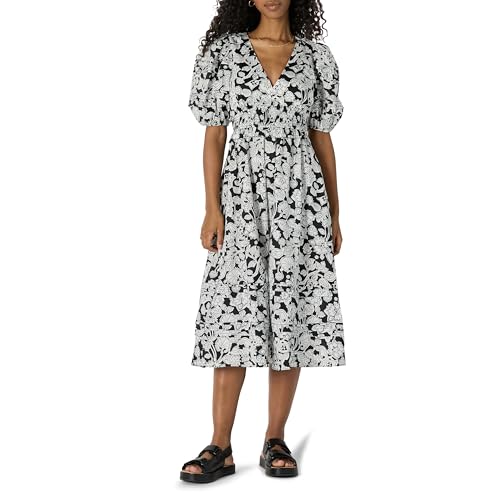 Amazon Essentials Damen Mittellanges Kleid Aus Baumwollsatin Mit Puffärmeln In Normaler Passform, Schwarz Elfenbein Folk Floral, XL von Amazon Essentials