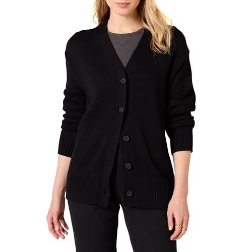 Amazon Essentials Damen Mittelschwerer Cardigan-Pullover mit V-Ausschnitt und lockerer Passform, Schwarz, L von Amazon Essentials