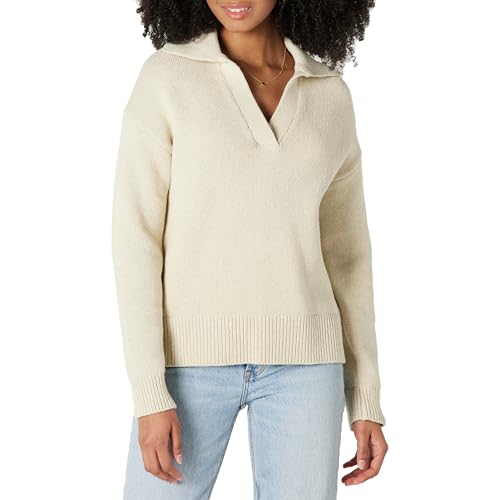 Amazon Essentials Damen Relaxed-Fit-Pullover aus Schwerer Baumwolle mit Polokragen, Sand Heide, L von Amazon Essentials