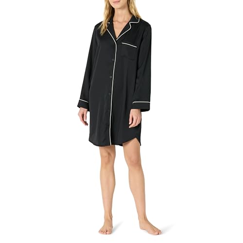 Amazon Essentials Damen Nachtwäsche Aus Weichem Satin Mit Schlafhemd Mit Knopfleiste, Schwarz, XXL von Amazon Essentials