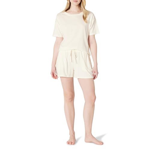 Amazon Essentials Damen Nachtwäsche-Set Aus Kurzärmeligem T-Shirt Und Shorts Aus Weichem Baumwollmix, Elfenbein, XL von Amazon Essentials