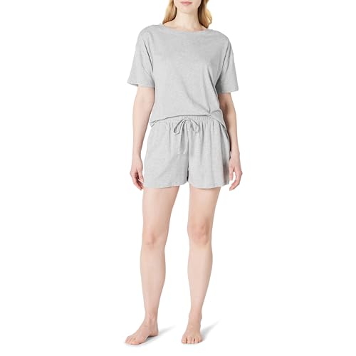 Amazon Essentials Damen Nachtwäsche-Set Aus Kurzärmeligem T-Shirt Und Shorts Aus Weichem Baumwollmix, Mittelgrau Meliert, S von Amazon Essentials