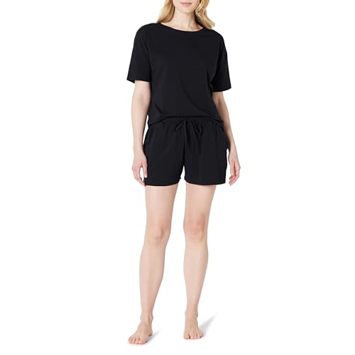 Amazon Essentials Damen Nachtwäsche-Set Aus Kurzärmeligem T-Shirt Und Shorts Aus Weichem Baumwollmix, Schwarz, S von Amazon Essentials