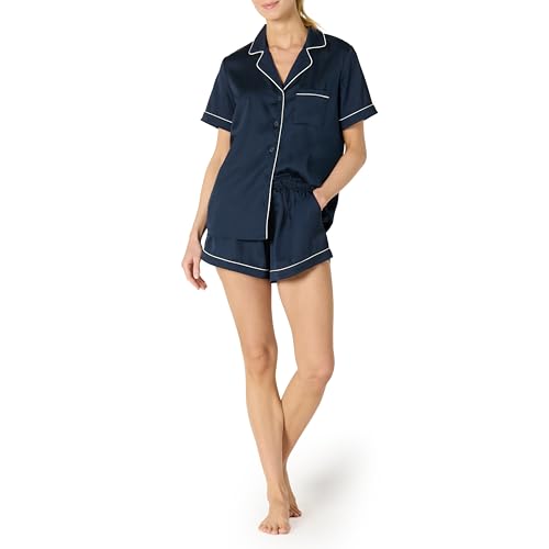 Amazon Essentials Damen Nachtwäsche-Set aus Kurzärmeligem Satin-Oberteil mit Knöpfen und Shorts, Marineblau, M von Amazon Essentials