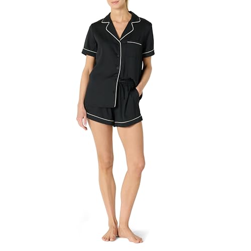 Amazon Essentials Damen Nachtwäsche-Set aus Kurzärmeligem Satin-Oberteil mit Knöpfen und Shorts, Schwarz, XS von Amazon Essentials