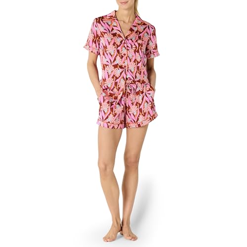 Amazon Essentials Damen Nachtwäsche-Set aus Kurzärmeligem Satin-Oberteil mit Knöpfen und Shorts, Ziegelrot Gefächerte Blumen, L von Amazon Essentials