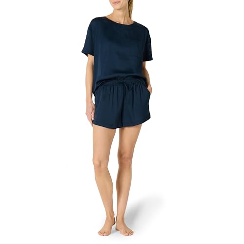 Amazon Essentials Damen Nachtwäsche-Set aus Satin-T-Shirt und Shorts, Marineblau, L von Amazon Essentials