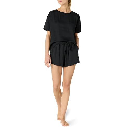 Amazon Essentials Damen Nachtwäsche-Set aus Satin-T-Shirt und Shorts, Schwarz, XS von Amazon Essentials