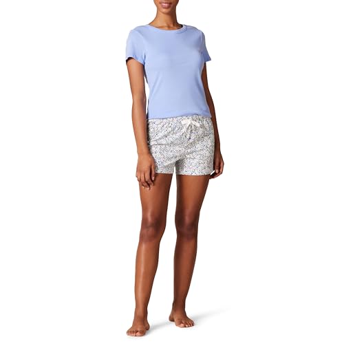 Amazon Essentials Damen Nachtwäscheset mit Shorts und T-Shirt aus Popeline, Blau Floral, XL von Amazon Essentials