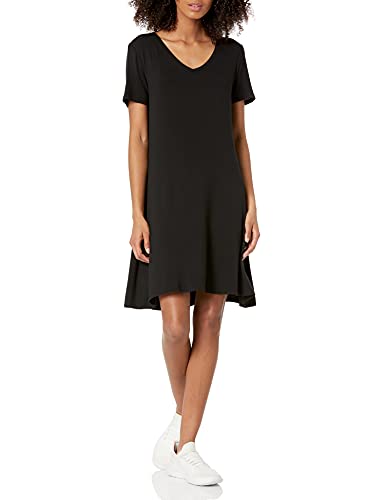Amazon Essentials Damen Normales kurzärmliges Swingkleid mit V-Ausschnitt, Schwarz, M von Amazon Essentials