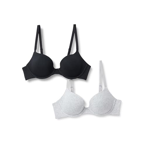 Amazon Essentials Damen Plunge-BH Mit Bügel Und Futter Aus Baumwolljersey, 2er-Pack, Grau Meliert/Schwarz, 80D von Amazon Essentials