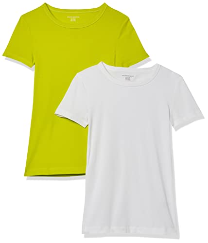 Amazon Essentials Damen Kurzärmeliges T-Shirt mit Rundhalsausschnitt, Schmale Passform, 2er-Pack, Weiß/Lindgrün, XL von Amazon Essentials