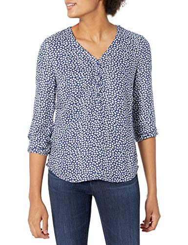Amazon Essentials Damen Popover-Shirt Mit 3/4-Ärmeln Und Knöpfen, Locker Sitzende Bluse Mit V-Ausschnitt, Marineblau Weiß Blütenblätter, XXL von Amazon Essentials