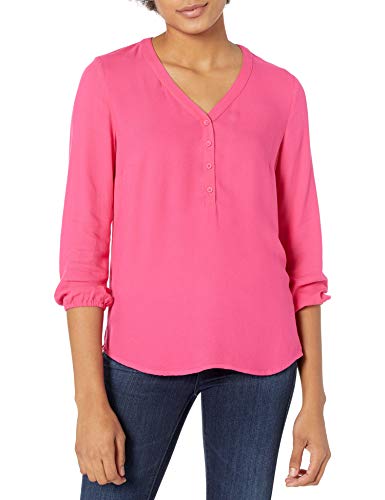 Amazon Essentials Damen Popover-Shirt Mit 3/4-Ärmeln Und Knöpfen, Locker Sitzende Bluse Mit V-Ausschnitt, Intensive Rosa, S von Amazon Essentials