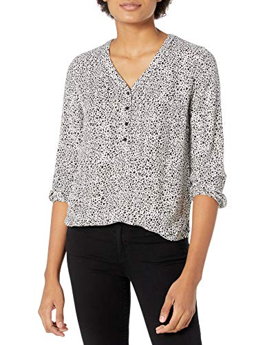 Amazon Essentials Damen Popover-Hemd mit 3/4-Ärmeln und Knöpfen, Schwarz Weiß Tiermuster, XXL von Amazon Essentials