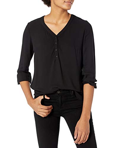 Amazon Essentials Damen Popover-Hemd mit 3/4-Ärmeln und Knöpfen, Schwarz, XXL von Amazon Essentials