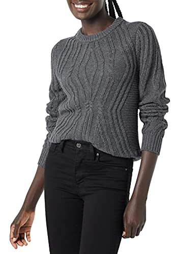 Amazon Essentials Damen Pullover mit Rundhalsausschnitt und Zopfmuster aus 100 % Baumwolle, Dunkelgrau Meliert, M von Amazon Essentials
