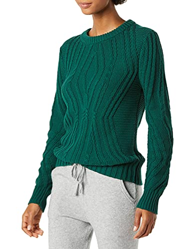 Amazon Essentials Damen Pullover mit Rundhalsausschnitt und Zopfmuster aus 100 % Baumwolle, Dunkelgrün, S von Amazon Essentials