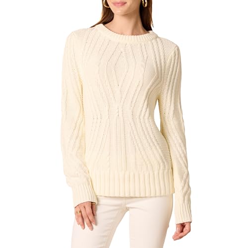 Amazon Essentials Damen Pullover mit Rundhalsausschnitt und Zopfmuster aus 100 % Baumwolle, Elfenbein, S von Amazon Essentials