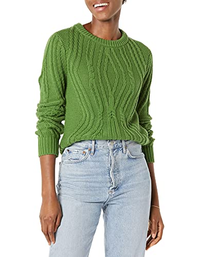 Amazon Essentials Damen Pullover mit Rundhalsausschnitt und Zopfmuster aus 100 % Baumwolle, Grün, XS von Amazon Essentials