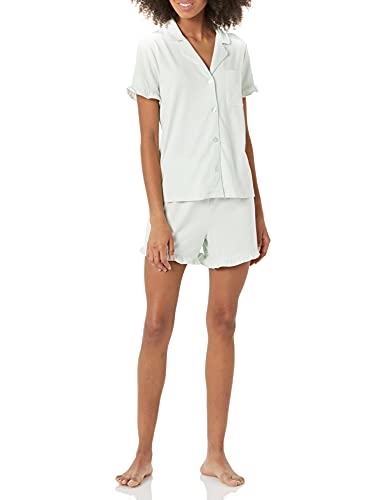 Amazon Essentials Damen Pyjama-Set Aus Baumwollmodal Mit Paspelierung Und Gekerbtem Kragen, Bequeme Loungewear (In Übergröße Erhältlich), Jadegrün, XS von Amazon Essentials