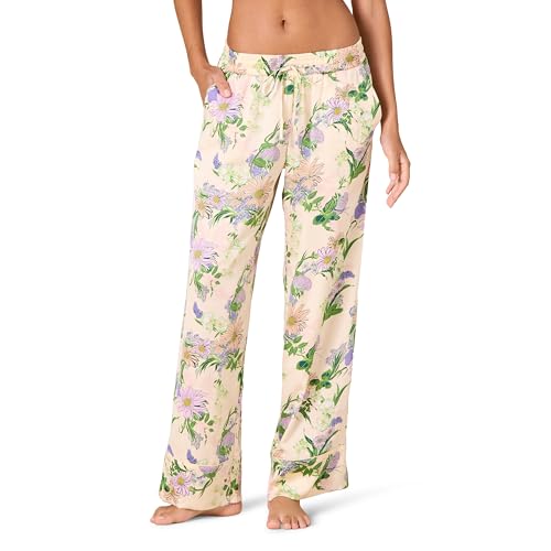 Amazon Essentials Damen Pyjamahose aus Satin in Normaler Passform in Voller Länge, Beige Pfirsich Floral, L von Amazon Essentials