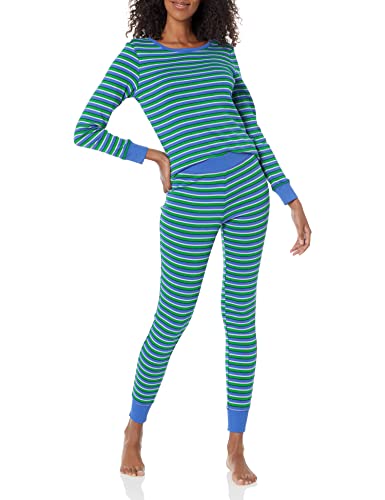 Amazon Essentials Damen Pyjamaset aus Baumwolle, Gute Passform-Auslauffarben, Blau Grün Streifen, XS von Amazon Essentials