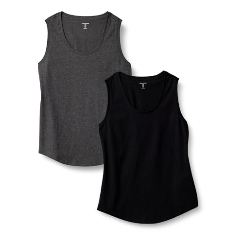 Amazon Essentials Damen Regular Fit Ärmelloses Tanktop Aus 100% Baumwolle, 2er-Pack, Dunkelgrau Meliert/Schwarz, L von Amazon Essentials