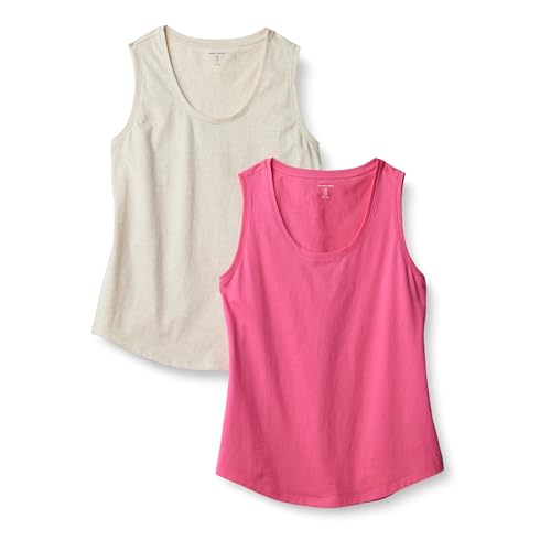 Amazon Essentials Damen Regular Fit Ärmelloses Tanktop Aus 100% Baumwolle, 2er-Pack, Haferbeige Meliert/Intensive Rosa, S von Amazon Essentials