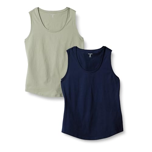 Amazon Essentials Damen Regular Fit Ärmelloses Tanktop Aus 100% Baumwolle, 2er-Pack, Marineblau/Salbeigrün, S von Amazon Essentials