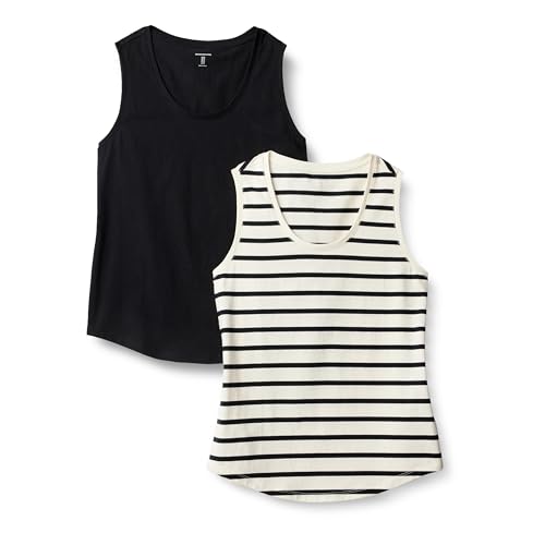 Amazon Essentials Damen Regular Fit Ärmelloses Tanktop Aus 100% Baumwolle, 2er-Pack, Schwarz/Seefahrer Streifen, XS von Amazon Essentials