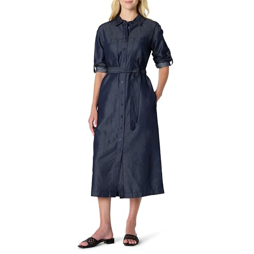 Amazon Essentials Damen Regular-Fit Langärmliges Midikleid Denim Chambray Knopfleiste, Auswaschen, XS von Amazon Essentials