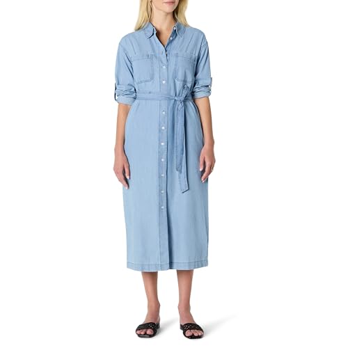 Amazon Essentials Damen Regular-Fit Langärmliges Midikleid Denim Chambray Knopfleiste, Helles Eisblau, XS von Amazon Essentials