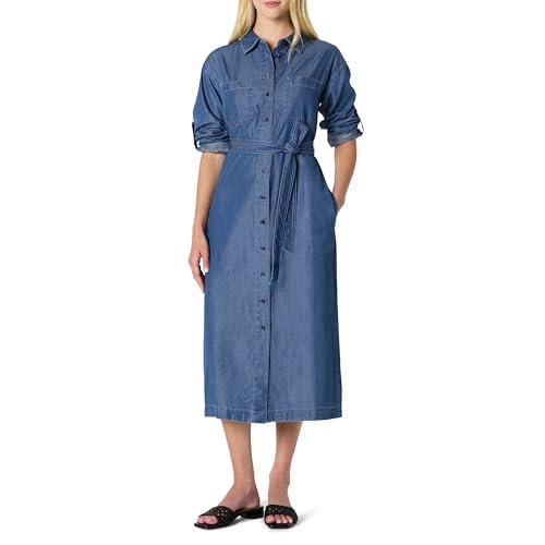 Amazon Essentials Damen Regular-Fit Langärmliges Midikleid Denim Chambray Knopfleiste, Klassische Mittlere Waschung, M von Amazon Essentials