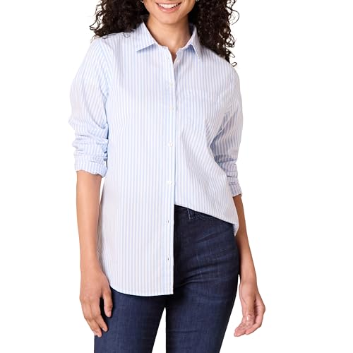 Amazon Essentials Damen Regular-Fit Langarm-Button-Down-Popeline-Hemd, Französisch Blau Weiß Streifen, M von Amazon Essentials