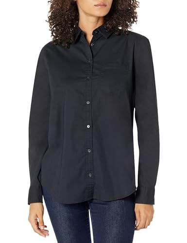 Amazon Essentials Damen Regular-Fit Langarm-Button-Down-Popeline-Hemd, Schwarz, L von Amazon Essentials
