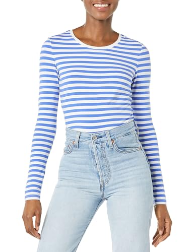 Amazon Essentials Damen Regular-Fit Langarm-T-Shirt Rundhalsausschnitt (In Übergröße Erhältlich), Blau Weiß Streifen, S von Amazon Essentials