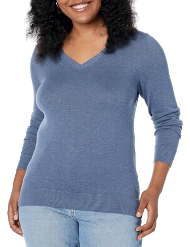 Amazon Essentials Damen Regular-Fit Leichter Langarm-Pullover V-Ausschnitt (In Übergröße Erhältlich), Blau Heide, XXL von Amazon Essentials