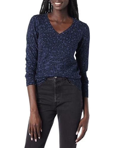 Amazon Essentials Damen Regular-Fit Leichter Langarm-Pullover V-Ausschnitt (In Übergröße Erhältlich), Marineblau Schwarz Gepard, S von Amazon Essentials
