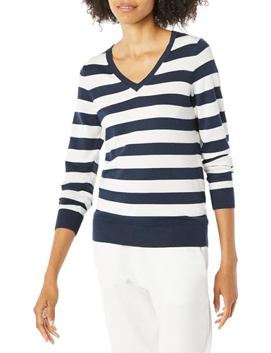 Amazon Essentials Damen Regular-Fit Leichter Langarm-Pullover V-Ausschnitt (In Übergröße Erhältlich), Marineblau Weiß Rugby-Streifen, XXL von Amazon Essentials