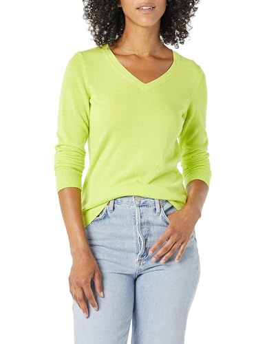 Amazon Essentials Damen Regular-Fit Leichter Langarm-Pullover V-Ausschnitt (In Übergröße Erhältlich), Neongelb, L von Amazon Essentials
