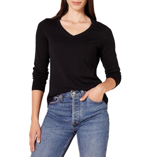 Amazon Essentials Damen Regular-Fit Leichter Langarm-Pullover V-Ausschnitt (In Übergröße Erhältlich), Schwarz, S von Amazon Essentials