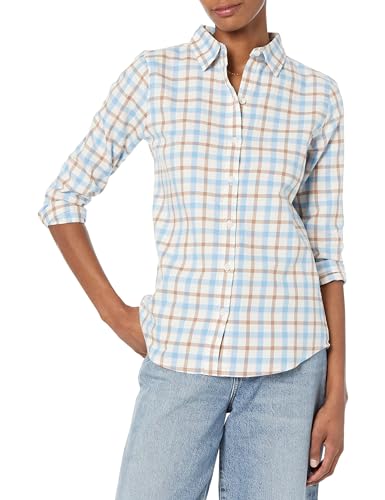 Amazon Essentials Damen Regular-Fit Leichtes Kariertes Langarm-Flanellhemd, Blau Rot Madras Plaid, M von Amazon Essentials