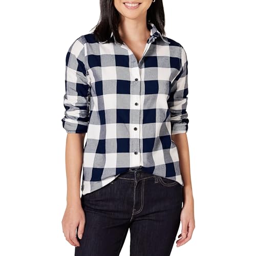 Amazon Essentials Damen Regular-Fit Leichtes Kariertes Langarm-Flanellhemd, Marineblau Buffalokaros, L von Amazon Essentials